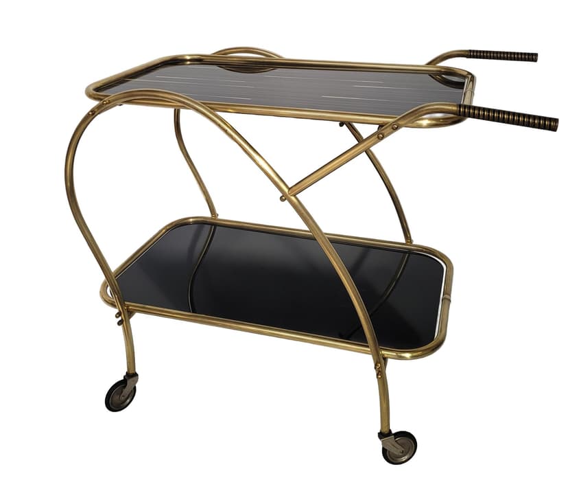 Bar cart, gold brass, black glass, 1950s.