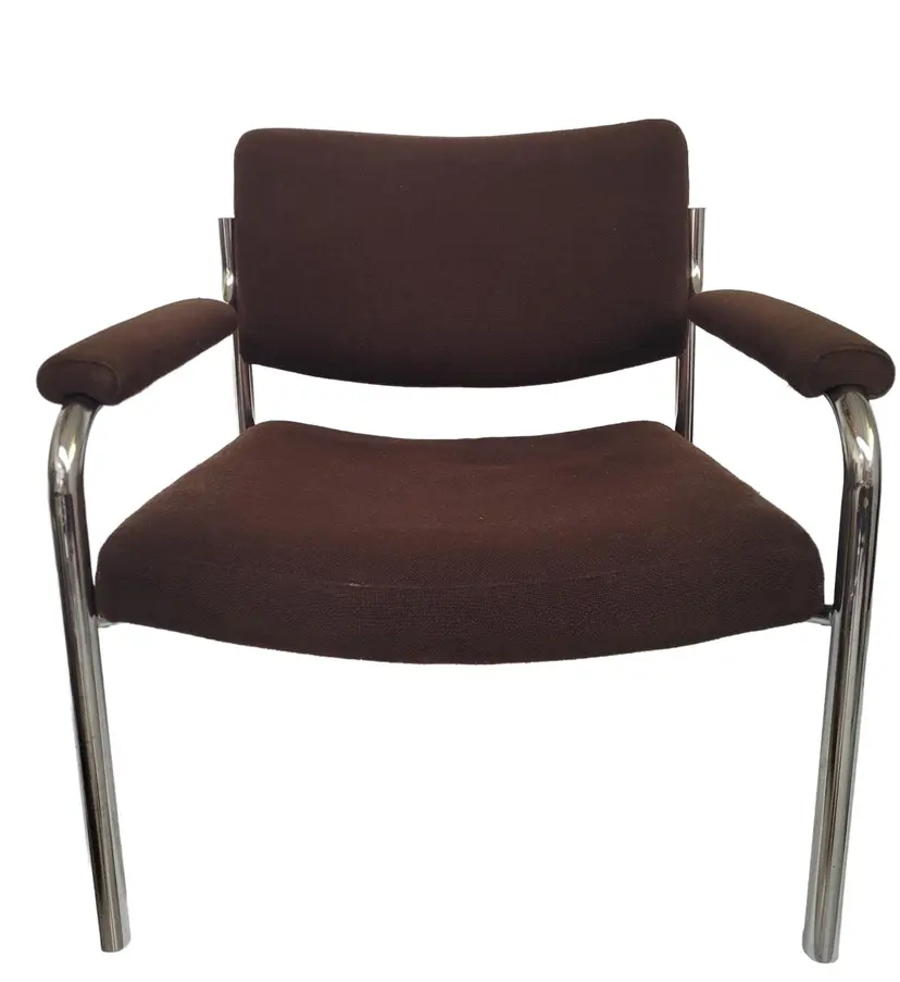 Fotel Bauhaus, tkanina brązowa, stal nierdzewna chromowana srebrna, lata 70.