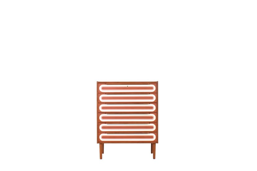 Komoda op-art, teak brązowy biały pomarańczowy, Dania, lata 60.