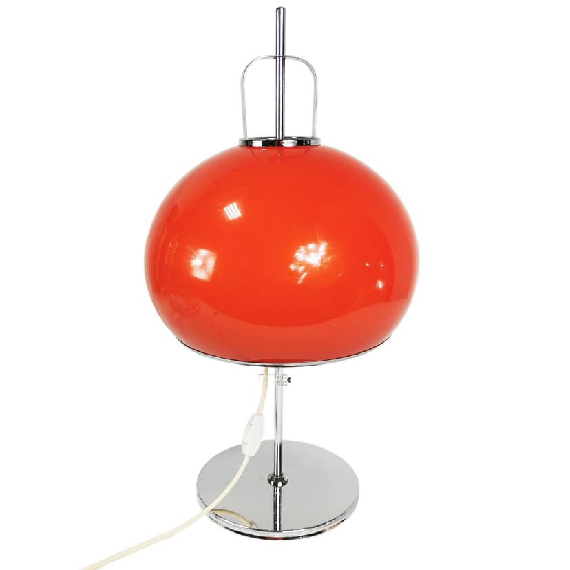 Table Lamp Lucerna, Space Age, orange-red plastic, chrome, by H. Guzzini, Italy, 1970s.