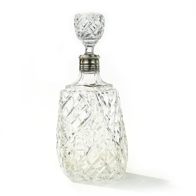 Whisky decanter, transparent crystal, silver, Italy, 1950s