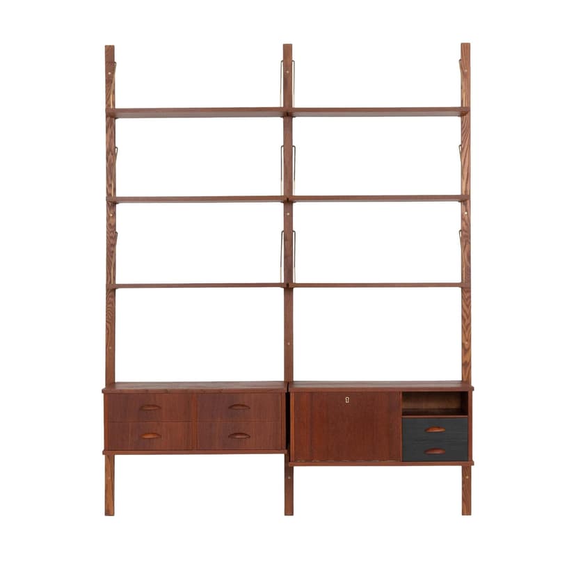 Regał systemowy, teak brązowy, metal czarny, Dania, lata 60.