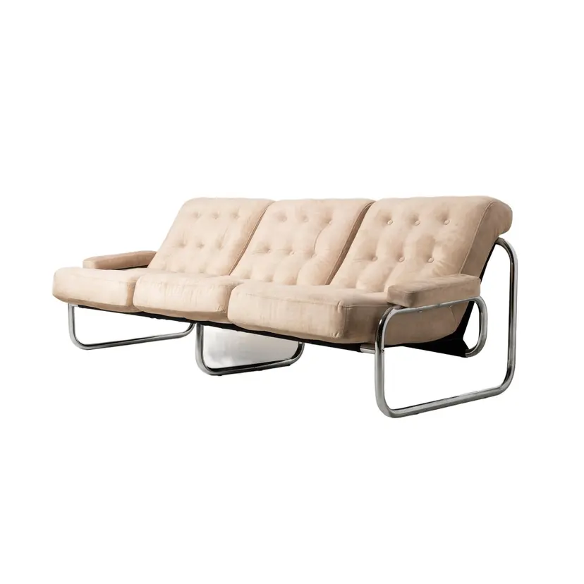 Sofa trzyosobowa Borkum, velvet beżowy, stal chromowana, proj. J. B. Häggström, Ikea, Szwecja, lata 70.