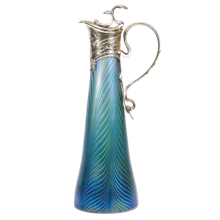 Pitcher Phaenomen Genres, opalescent glass blue green yellow, gilt pewter, Loetz Witwe, Austria, 19th century
