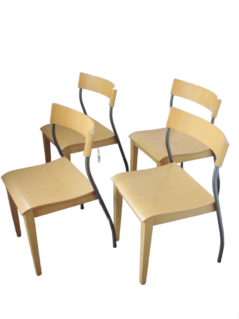 Set of four chairs Nordisk, light brown beech plywood, grey steel, by T. Christensen, Ikea, Denmark, 1990s.