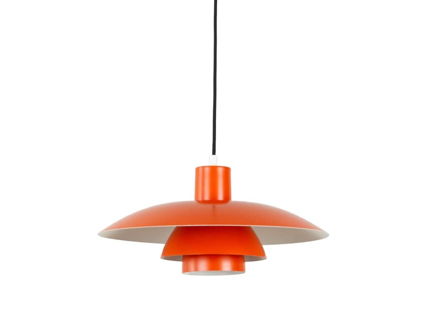 Pendant lamp PH 4/3, red orange, aluminum, by P. Henningsen, Louis Poulsen, Denmark, 1970s.