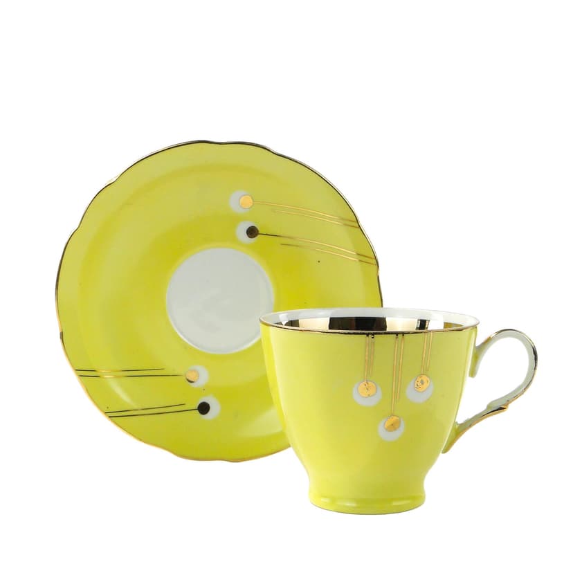 Coffee Cup Pawie Oczka, white yellow porcelain, gilded, by W. Potacki, Ćmielów, Poland, 1950s