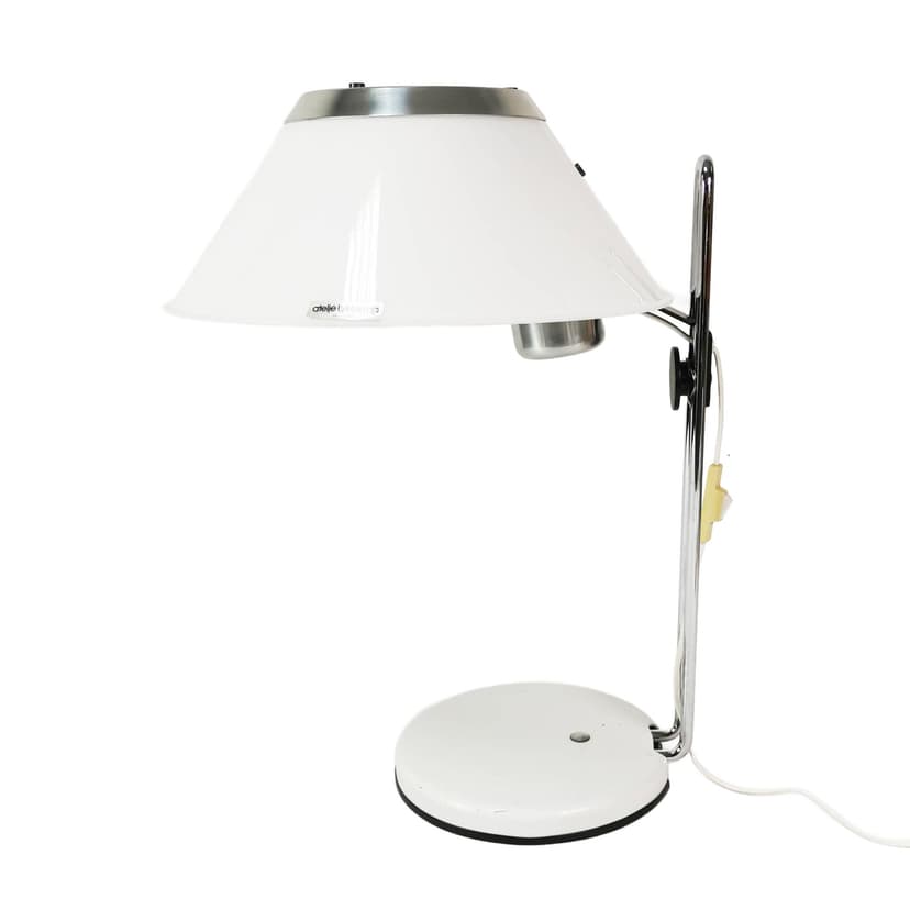 Lampa biurkowa MARS, biała, metal srebrny, proj. P. Sundstedt, Atelje Lyktan, Szwecja, lata 70.