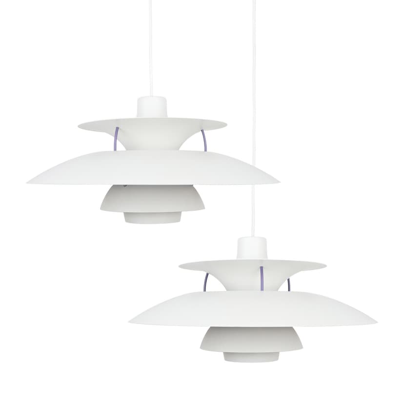 Pair of pendant lamps PH 5, white, metal, by P. Henningsen, Louis Poulsen, Denmark, 1980s.