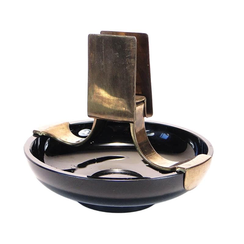 Match holder with ashtray, Art Deco, black hyalite glass, gold brass, Poland, 1920s.