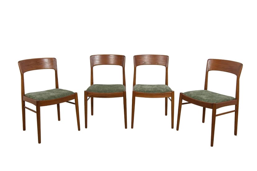 Set of four chairs Model 26, brown teak, green synthetic fabric, by H. Kjærnulf, Denmark, 1960s.