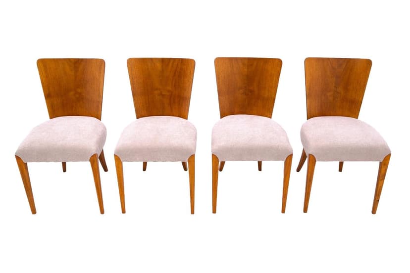 set of four chairs, honey wood, beige fabric, by J. Halabala, Czechoslovakia, 1930s