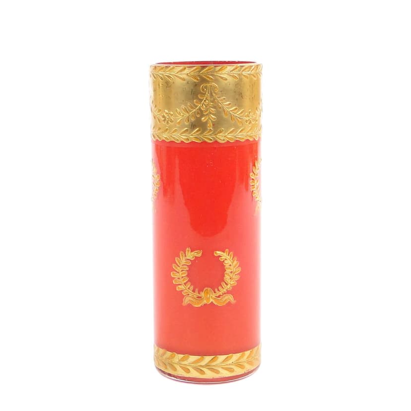Wazon Napoleon III, czerwony kryształ, złocenie, Baccarat, Francja, początek XX w.