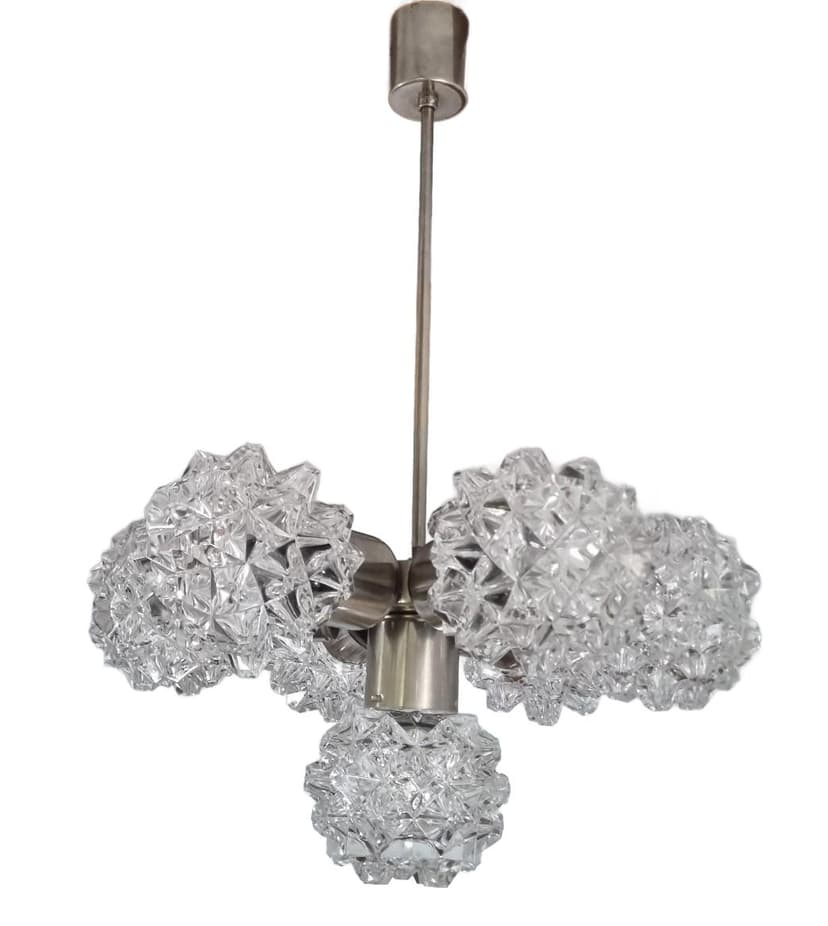 Chandelier, transparent glass, silver metal, Kamenický Šenov, Czechoslovakia, 1970s.