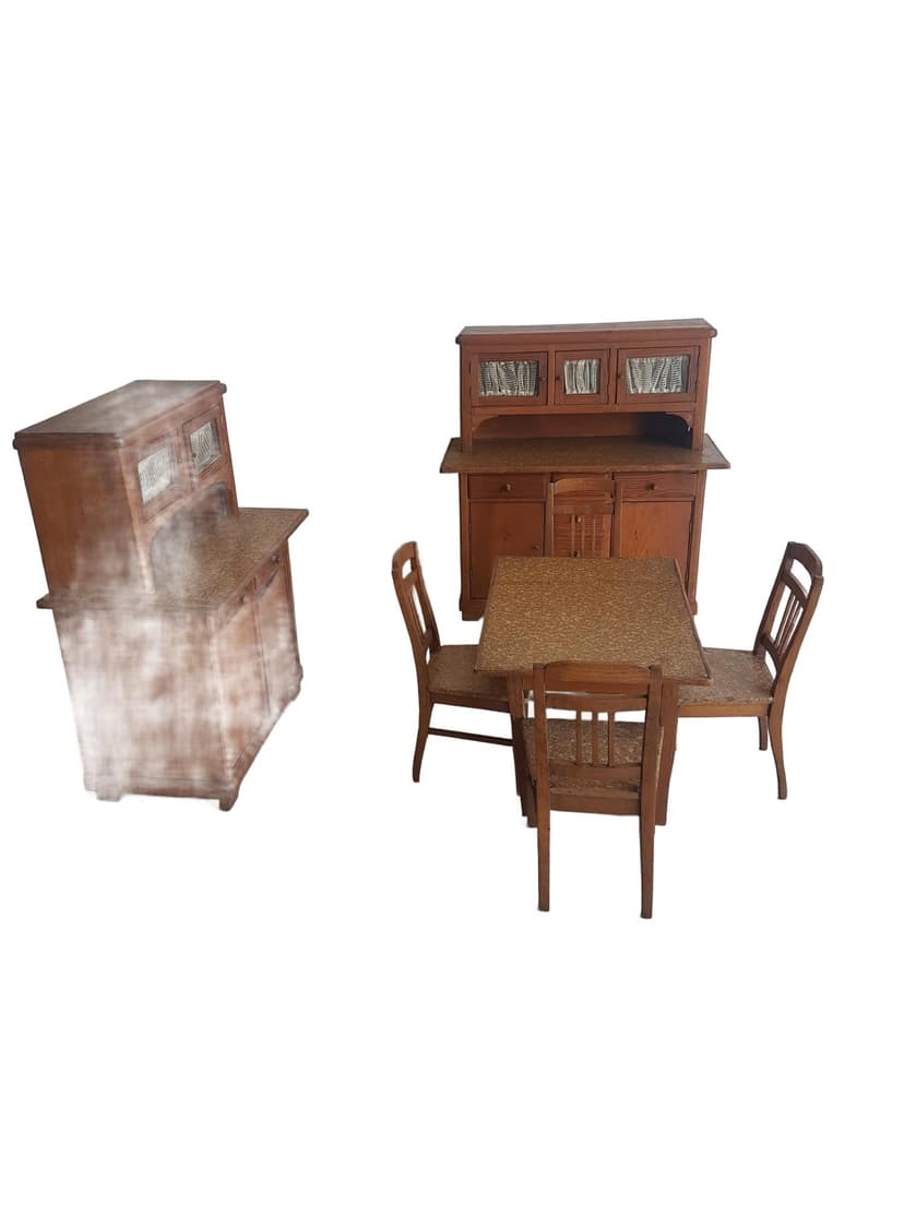Seven-piece dollhouse furniture set, Art Deco, brown wood, transparent glass, Germany, 1960s.