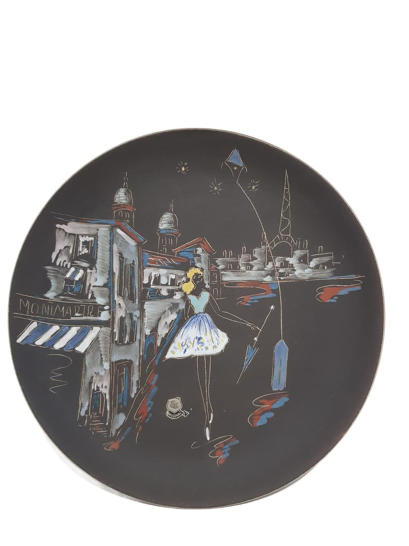 Wall Plate Montmartre, black, enamelled ceramics, France, 1970s