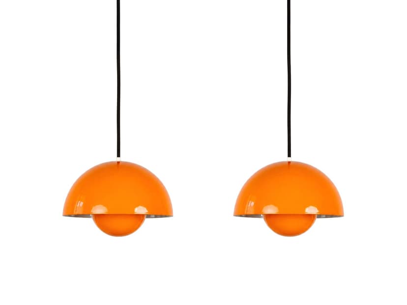 Pair of pendant lamps Flowerpot, orange enamel, by V. Panton, Louis Poulsen, Denmark, 1960s.