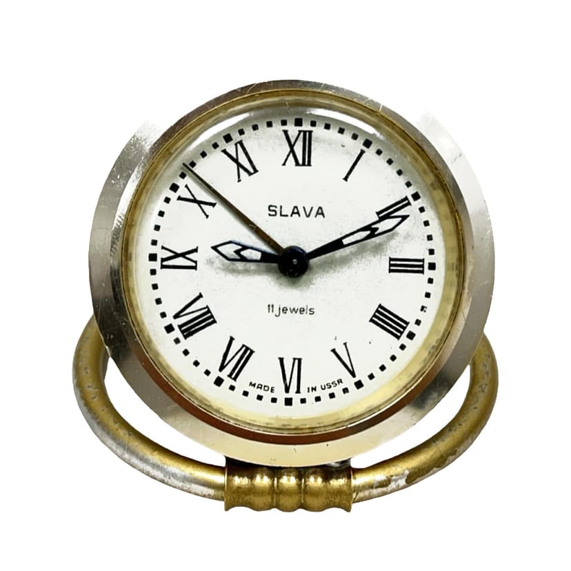 Budzik Slava 11 jewels, złoty mosiądz, chrom srebrny, ZSRR, lata 60.