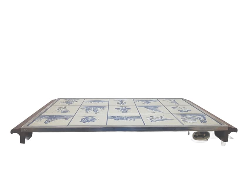 Warming tray, brown wood, white ceramic, silver stainless steel, Germany, 1970s.