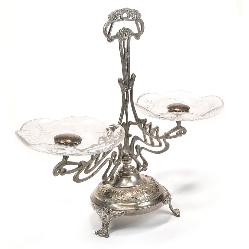 Art Nouveau centerpiece, silver transparent, brass glass, Germany, 1890s.