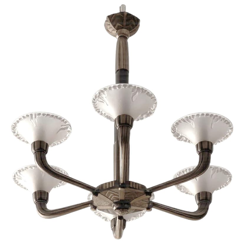 Chandelier Art Deco, silver bronze, glass, France, 1930s