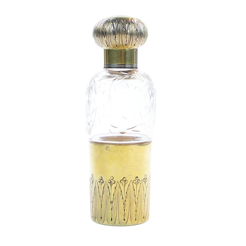 Art Nouveau Hip Flask, transparent crystal, gilt silver, France, early 20th c.
