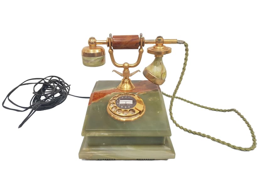Telefon stacjonarny, marmur zielony, mosiądz złoty, Włochy, lata 60.
