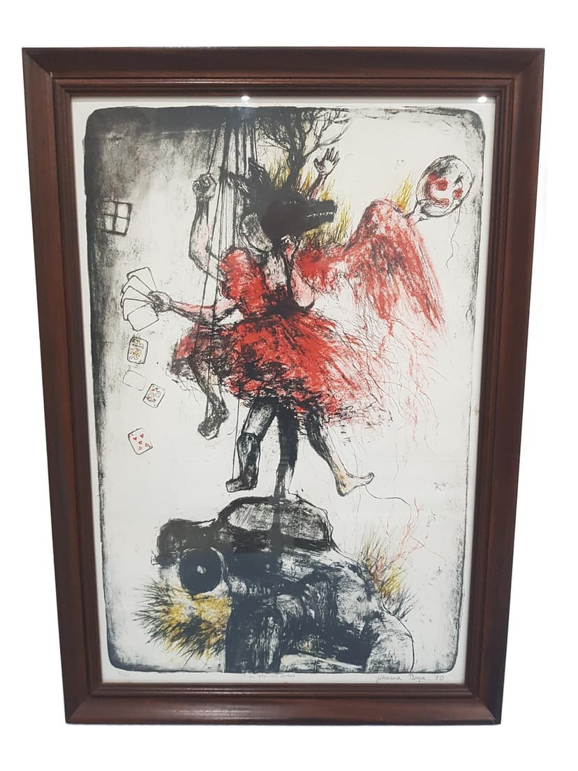 Lithograph In the red dress, red, paper, oak frame, by J. Bogadóttir, Iceland, 1980s.