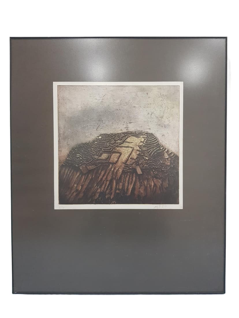 Abstract lithograph, brown, beige, gold, Austria, 1970s