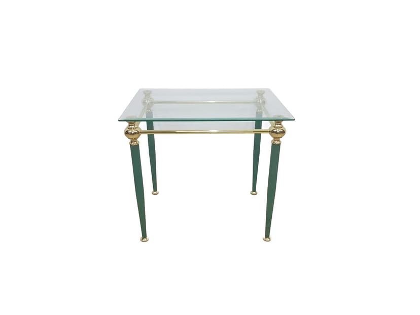 Side table Mid-Century Modern, transparent glass, gold brass, green metal, France, 1960s.