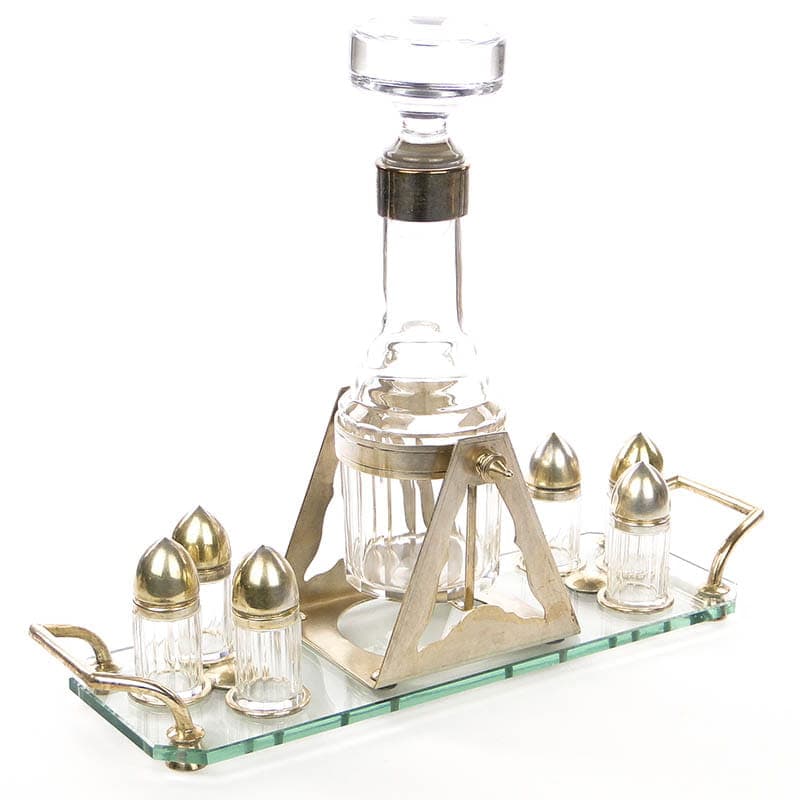 Art Deco Alcohol Set, transparent, crystal glass brass, Czechoslovakia, 1920s
