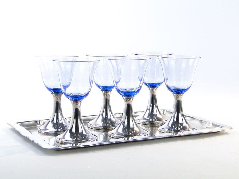 Wine Glass Set Art Deco, sapphire crystal glass, silver-plated brass, Sandrik, Slovakia, 1920s.