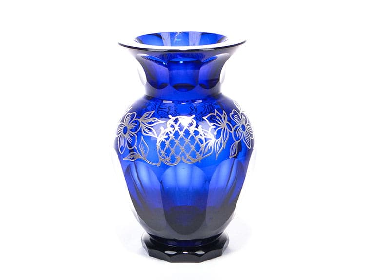 Vase, indigo crystal, silver, by S. Haertl, Józefina Glassworks, Poland, 1940s