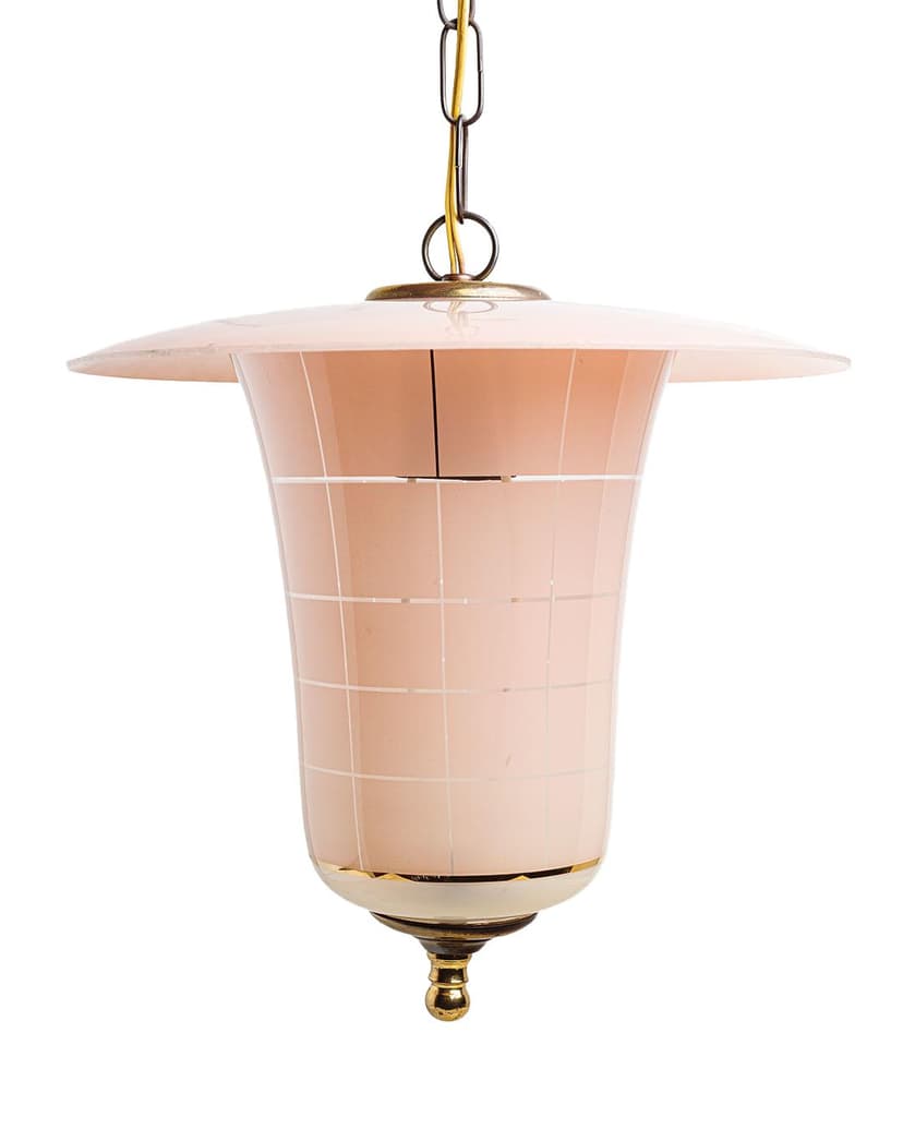 Ceiling lamp, powder pink glass, brass, Germany, 1950s