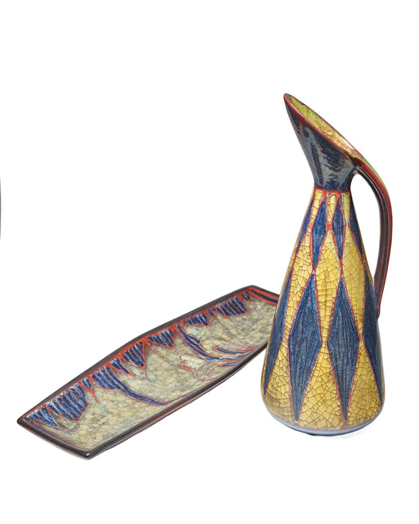 Set of pitcher and tray, yellow blue red ceramics, by M. Starck, Michael Andersen, Denmark, 1950s.