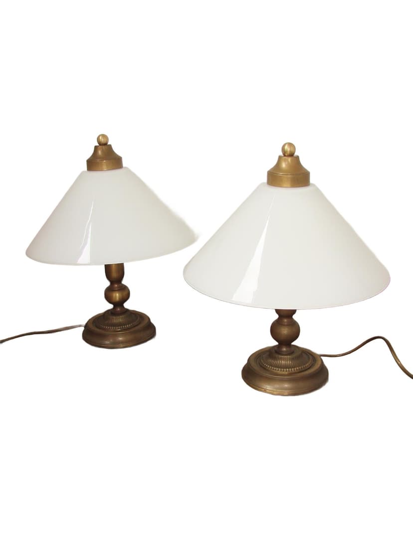 Para lamp nocnych, mosiądz złoty, szkło białe, lata 60.