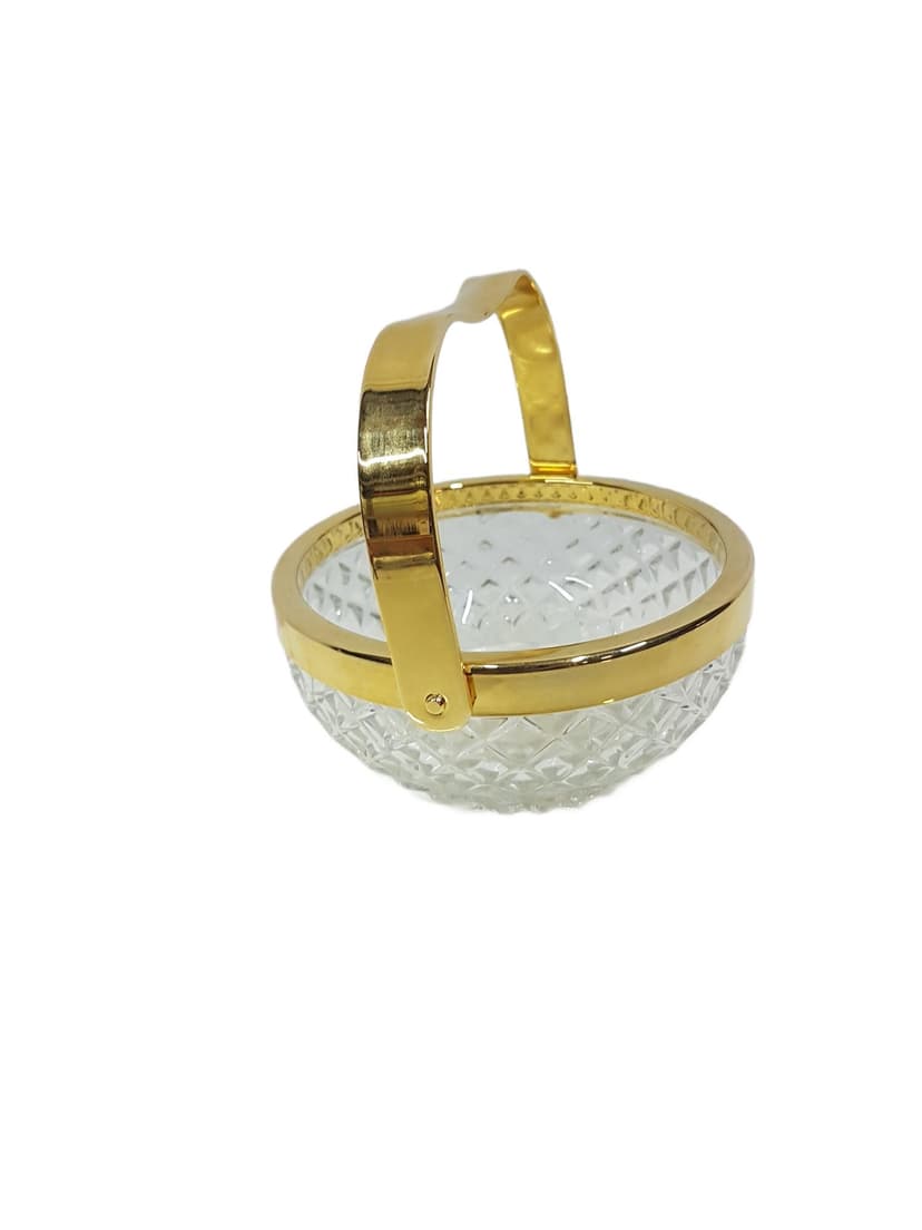 Crystal basket transparent, gold-plated metal handle, Walther Glas, Germany, 1970s
