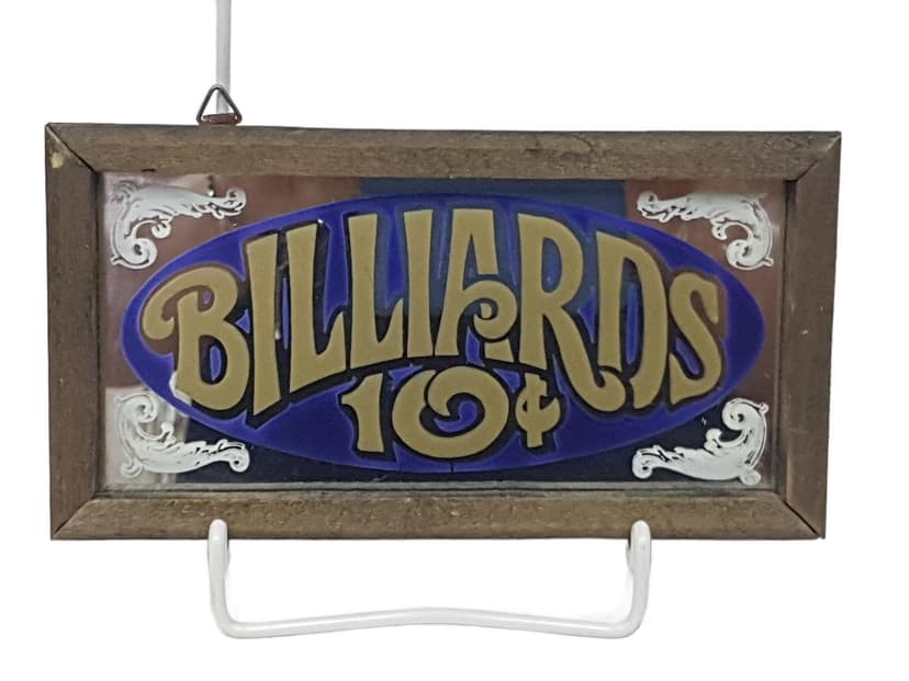 Szyld lustrzany Billiards 10¢, niebieski złoty, szkło, drewno, USA, lata 70.