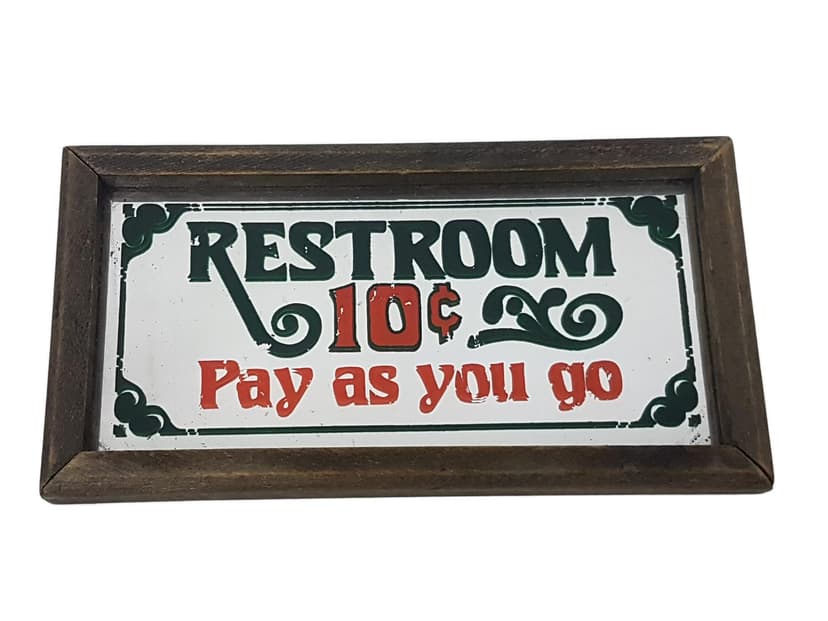 Szyld lustrzany Restroom 10¢ Pay as you go, szkło srebrne, drewno brązowe, USA, lata 70.