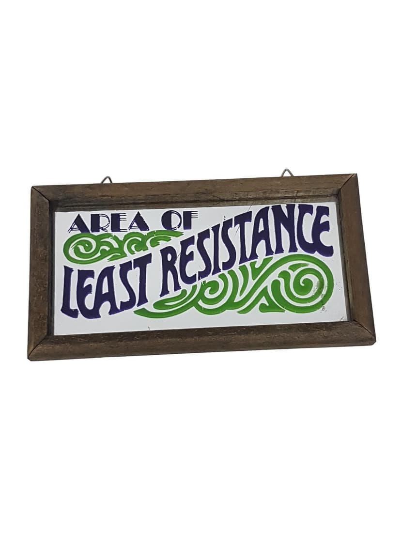 Szyld lustrzany Area of Least Resistance, srebrny zielony fioletowy, szkło drewno, USA, lata 70.