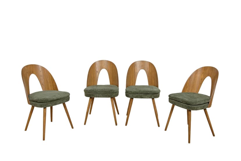 Set of four chairs, brown oak, green velvet, by A. Suman, Czechoslovakia, 1960s.