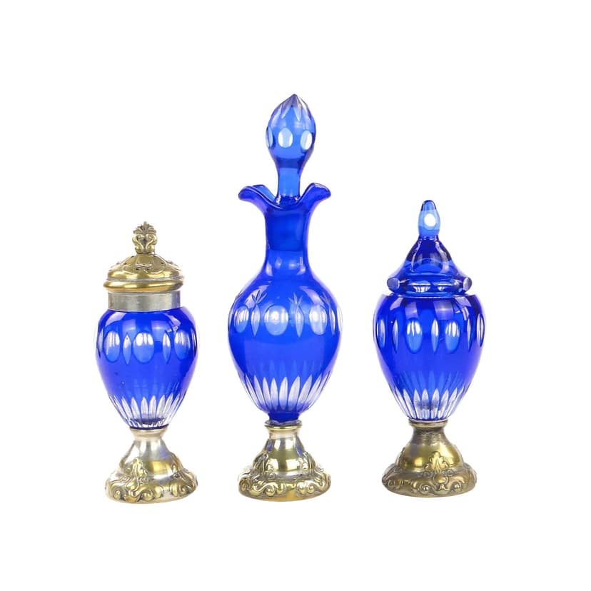 Tableware set Biedermeier, blue crystal, silver-plated brass, Denmark, early 20th century