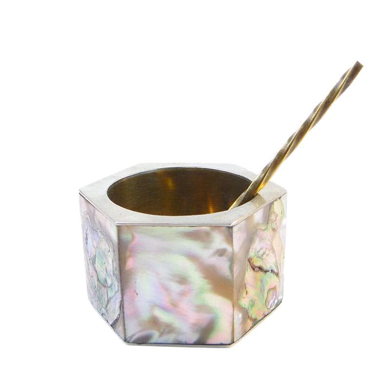 Geometric salt cellar, mother-of-pearl, white metal, Mexico, 1970s.