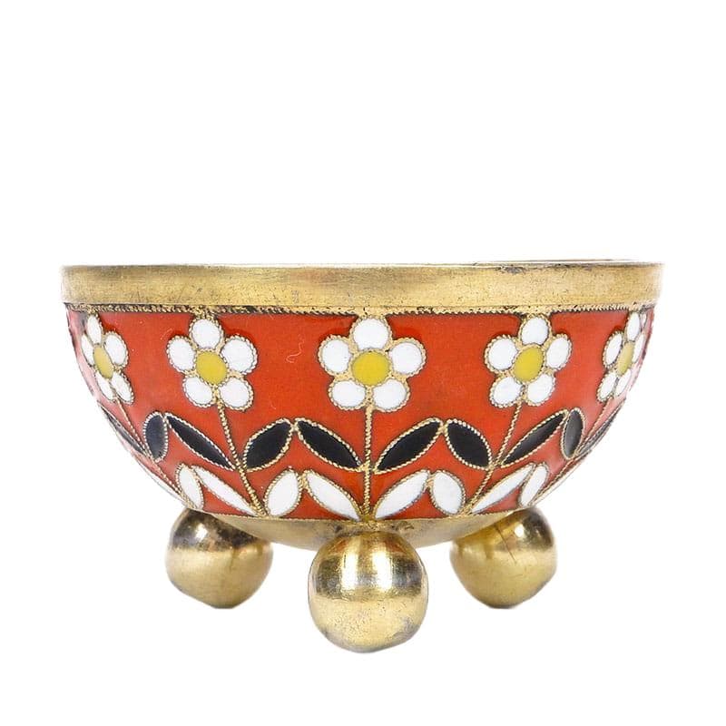 Salt cellar, orange red white yellow black gold, metal, Russia, 1940s.