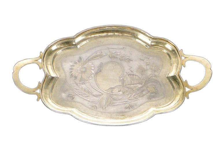 Art Nouveau tray, silver gold, silver gilt, Russia, early 20th century