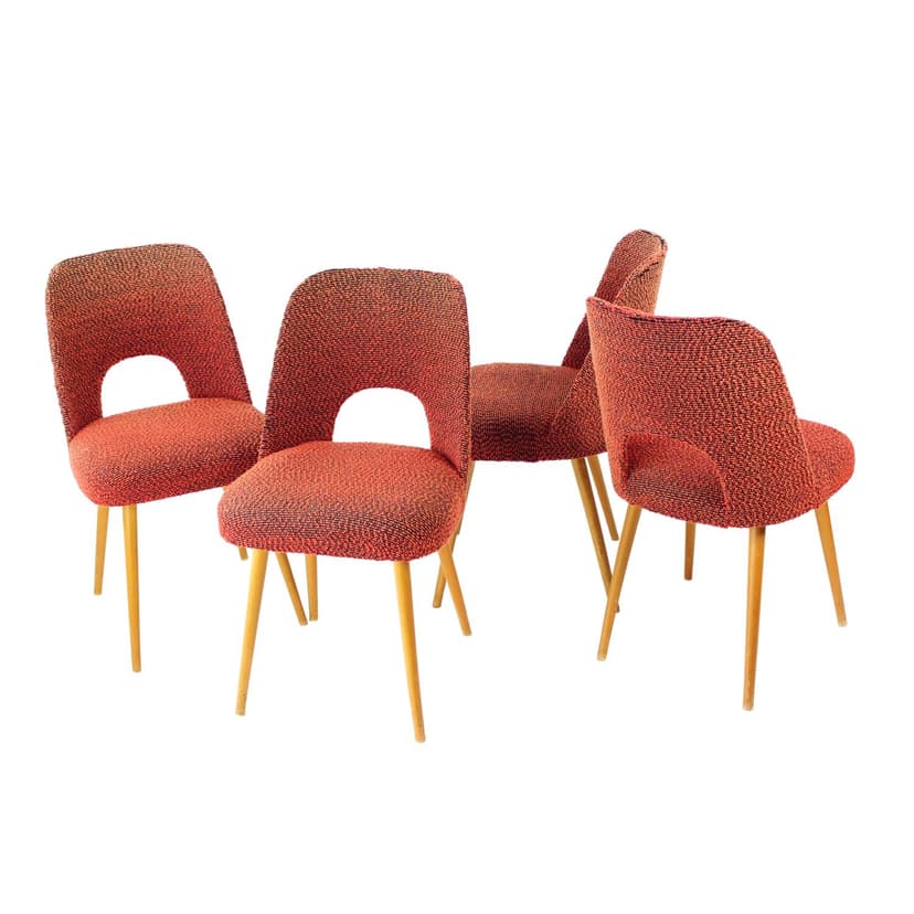 Set of four dining chairs, brick red black orange fabric, light oak, by O. Haerdtl, TON, Czechoslovakia, 1960s
