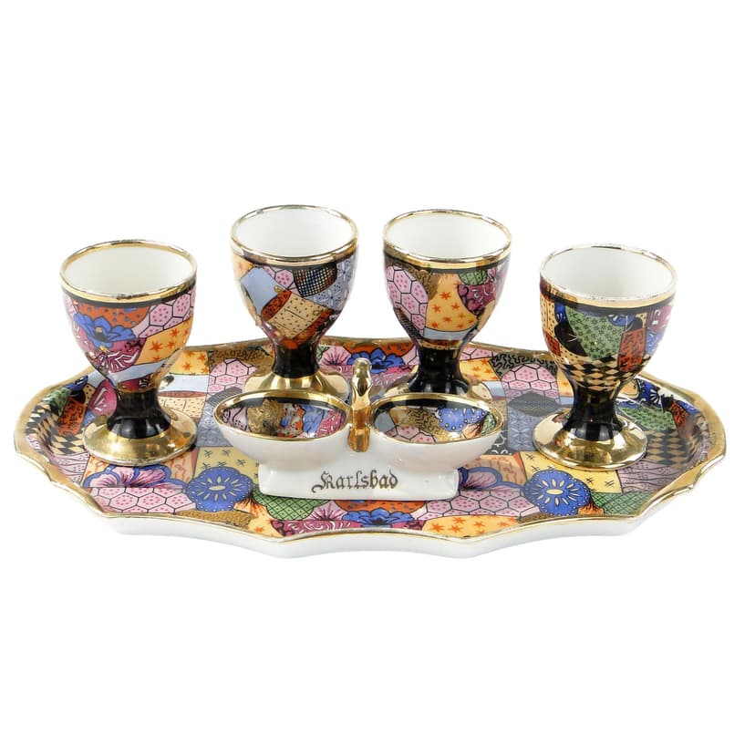 Egg set Art Deco, white multicolour gilded porcelain, Epiag, Czechoslovakia, 1930s