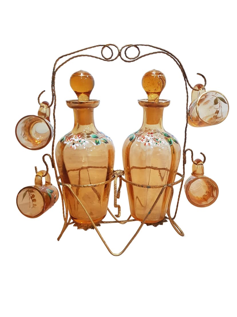Six-piece liqueur set, amber glass, brass, France, 19th c.