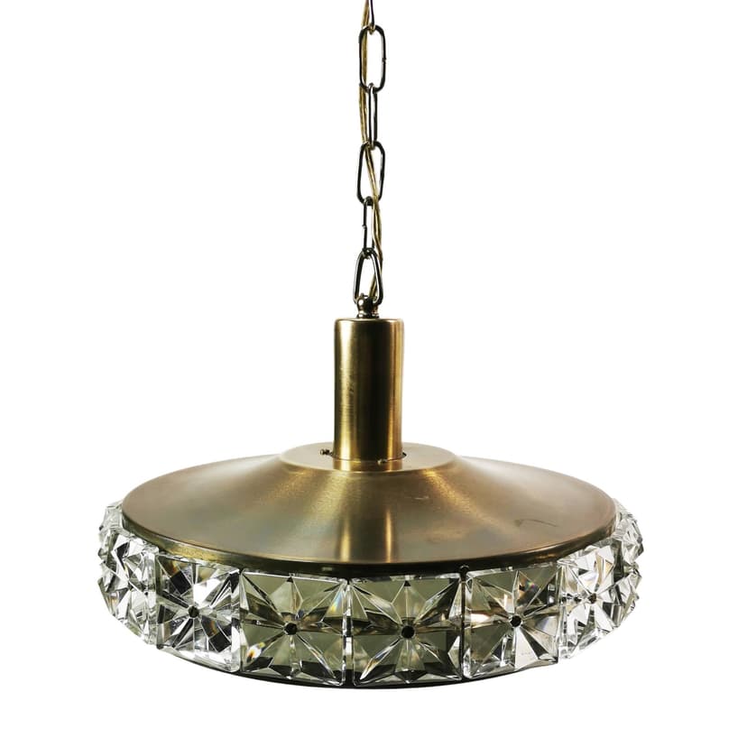 Pendant lamp, brass gold, crystal clear, by C. Fagerlund, Vitrika, Denmark, 1960s.