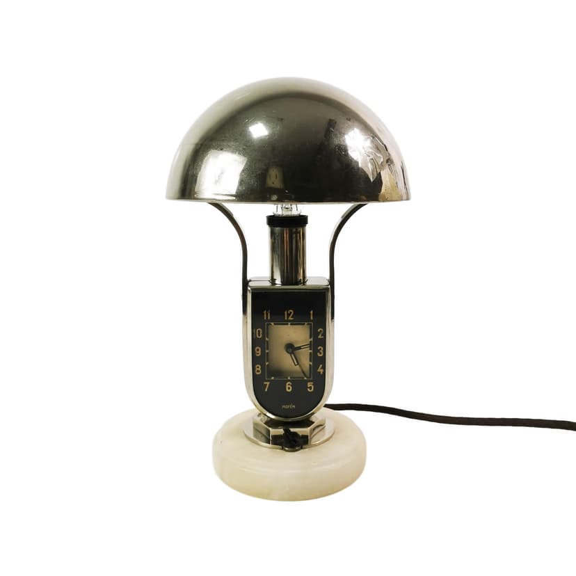 Table lamp with clock Art Deco, silver black white, chromed brass bakelite, Mofem, Hungary, 1930s.